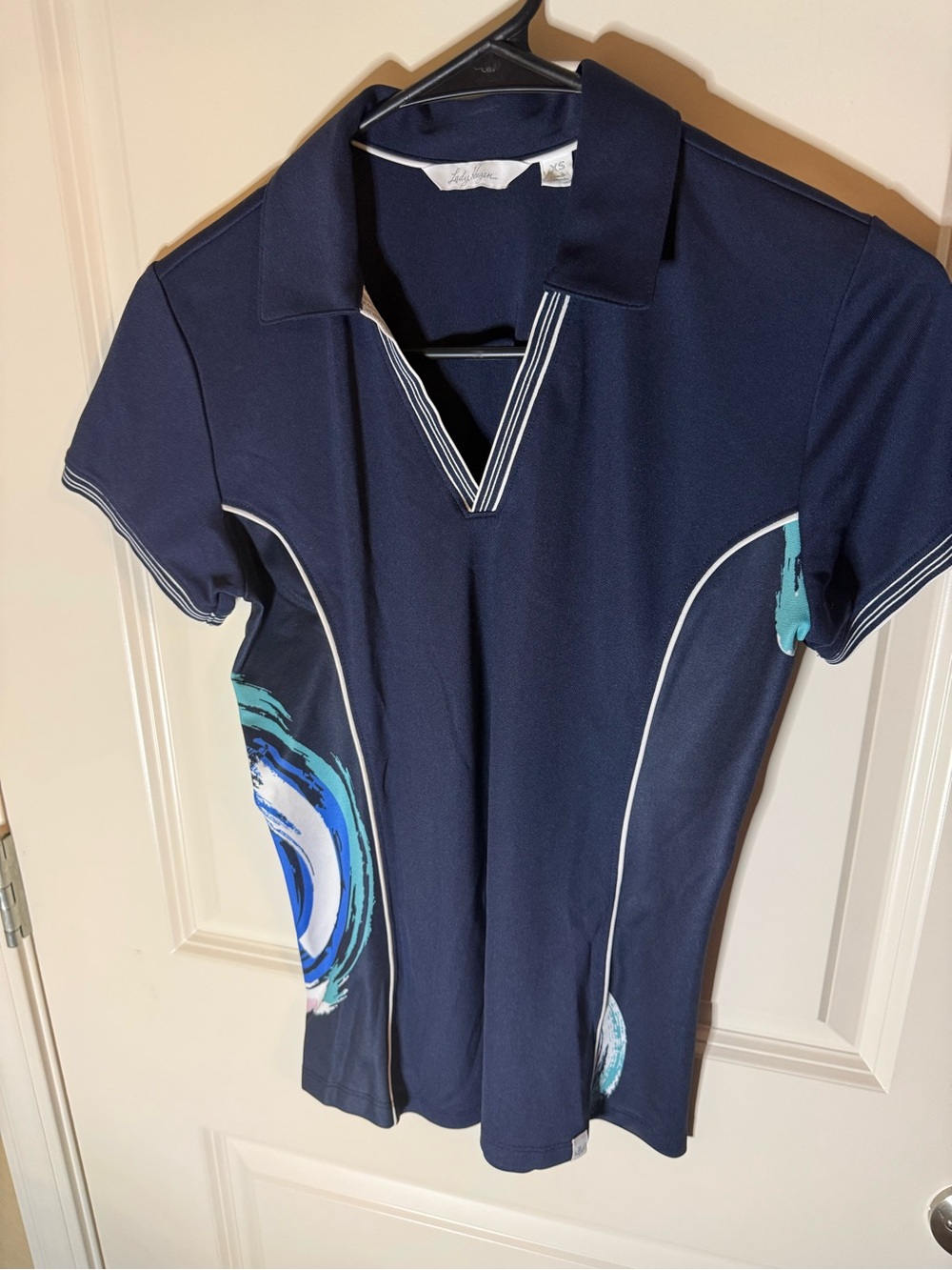 Lady Hagen XS Navy Golf Polo Performance Top Abstract Print Tennis Pickleball